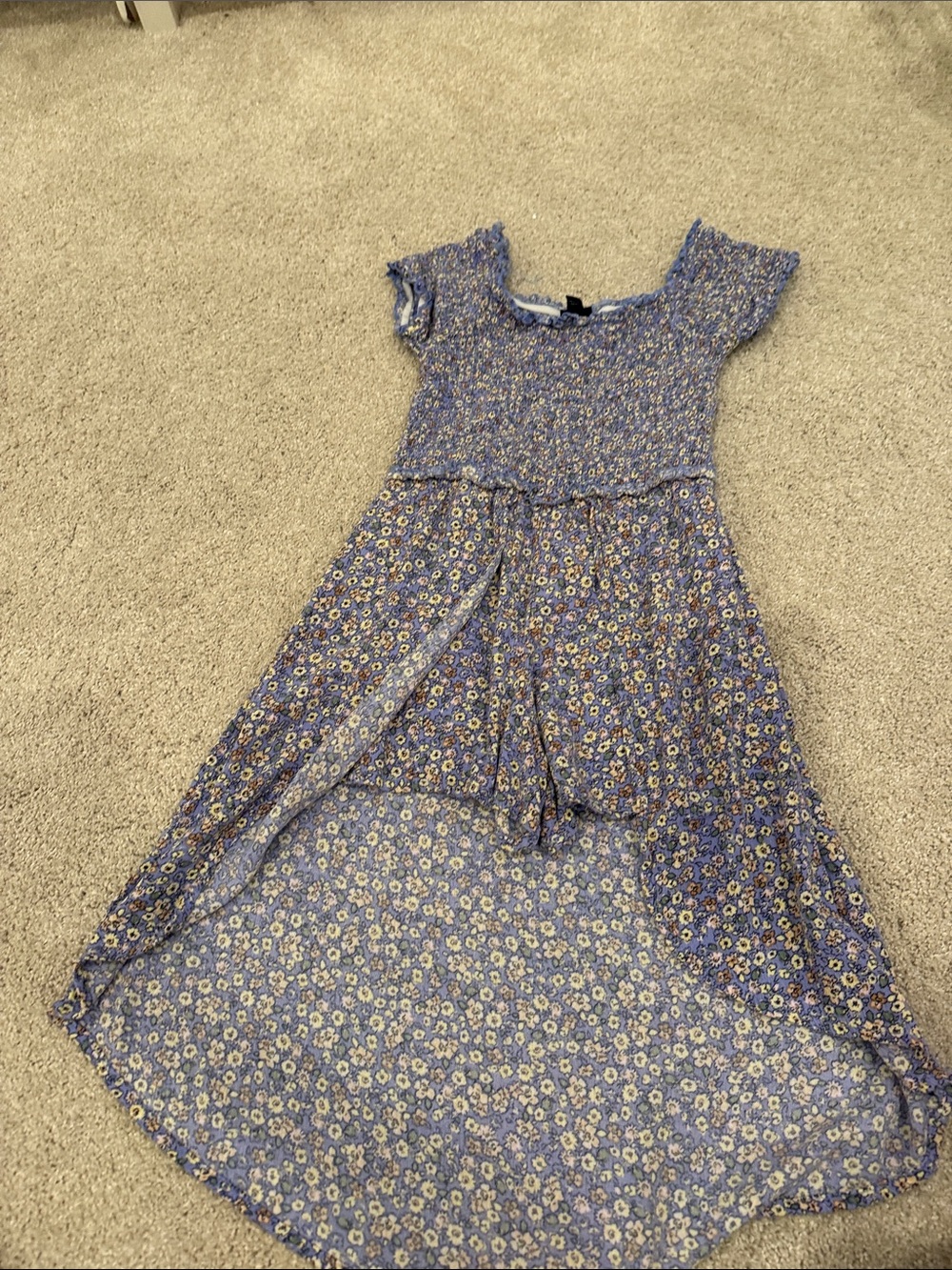 Girls' Blue Floral High-Low Casual Dress with Smocked Bodice